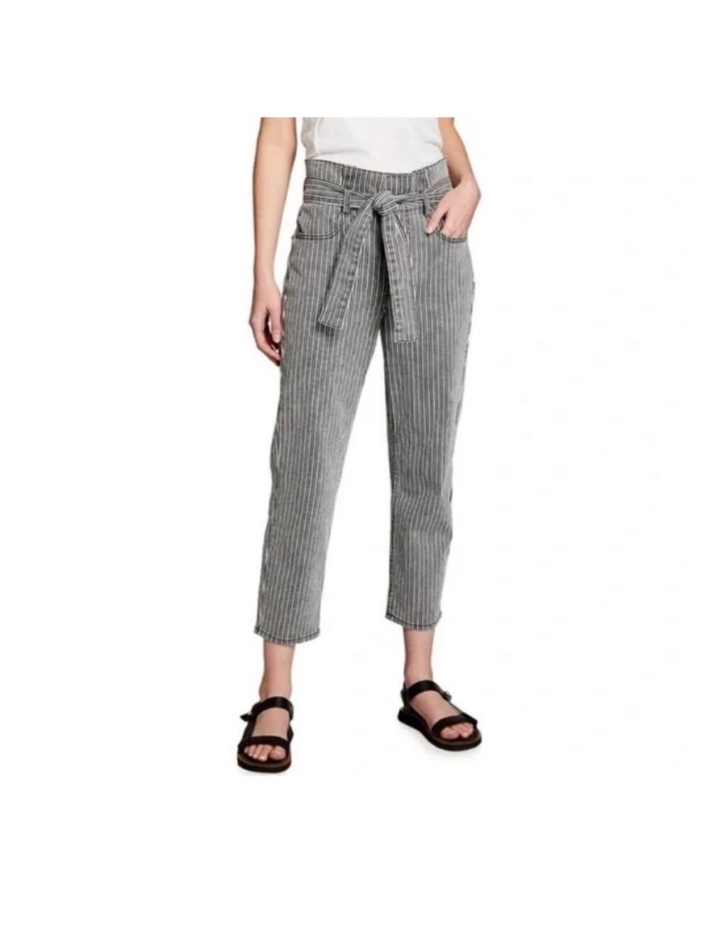Frame belted pegged high waist tie stripped ankle leg pants